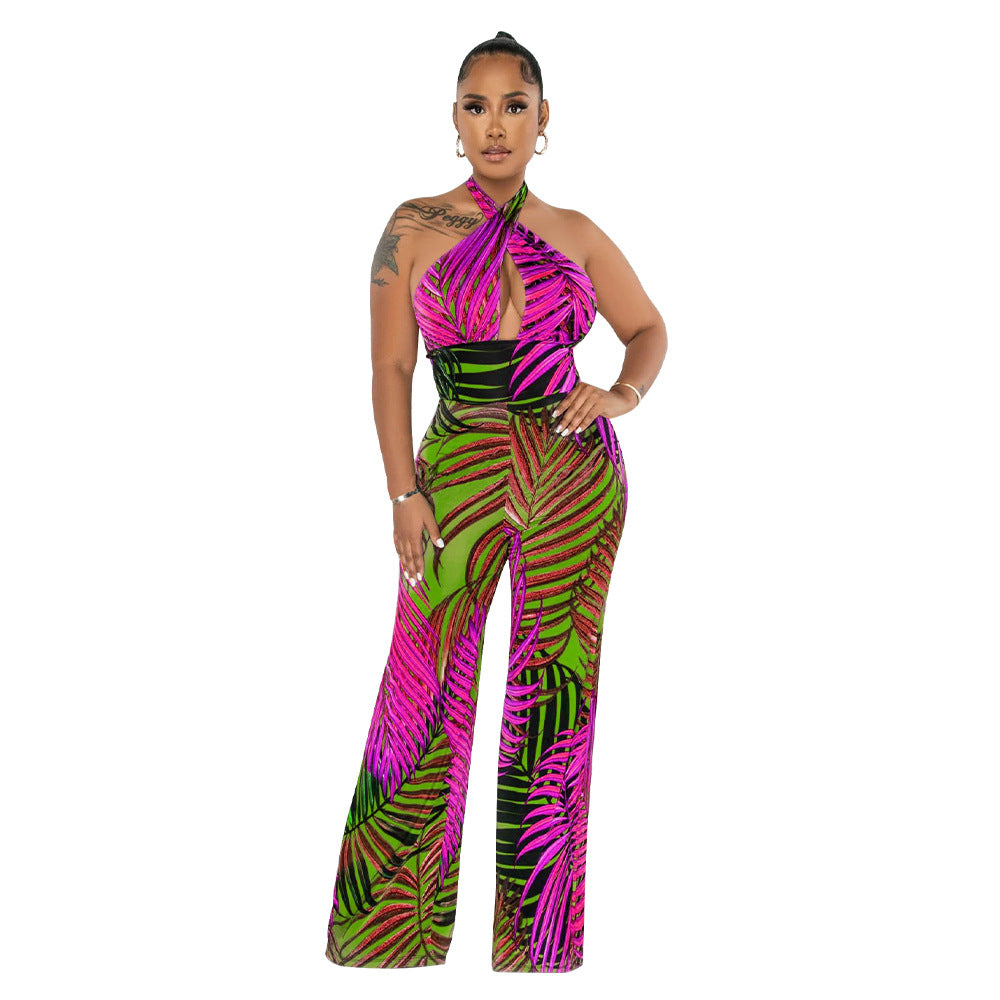 Clothing Sleeveless Backless Lace Up Printed Jumpsuit