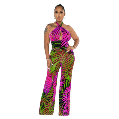 Clothing Sleeveless Backless Lace Up Printed Jumpsuit