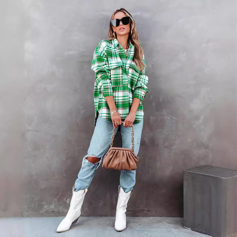 Plaid Cardigan Woolen Lapel Coat