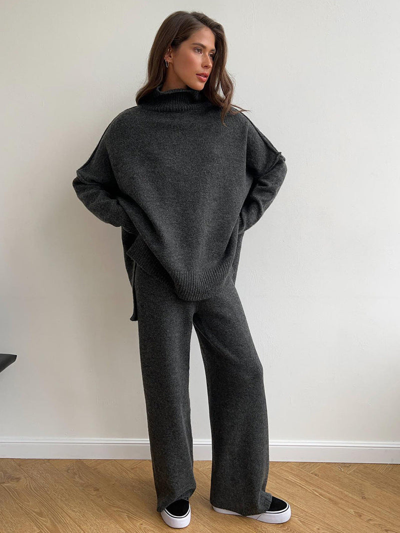 Turtleneck Sweater Suit Autumn Winter Loose Lazy Thickened Knitting Trousers Suit