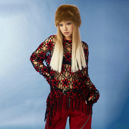 Red and Black Crochet Sweater