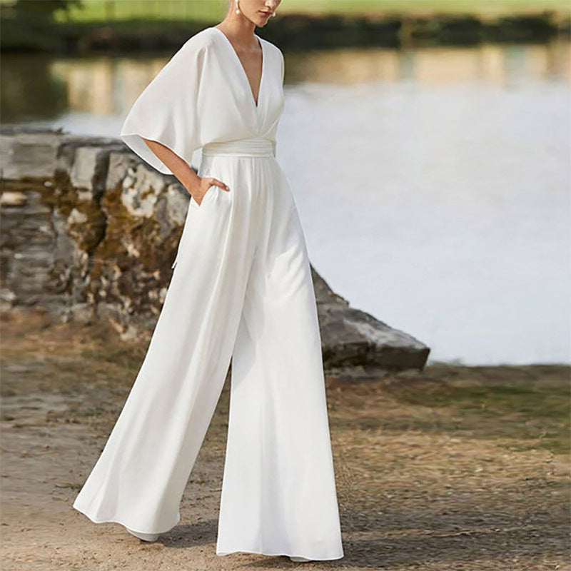 Winter Dress Jumpsuit Deep V Plunge High Waist Wide Leg Trousers