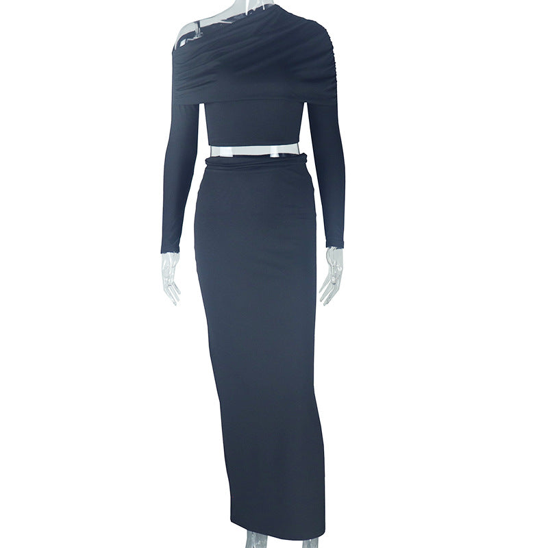 Clothing Comfort Color Cropped Skirt Set Maxi Dress Long Sleeve Diagonal Collar Two Piece Set