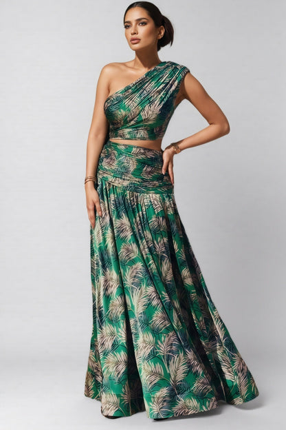 Dritad Green One-shoulder Slit Maxi Dress Set