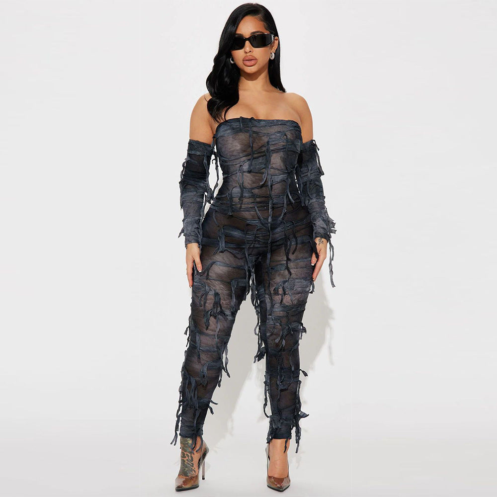 Autumn Tie Dyed Tassel Bandeau Backless Ice Sleeve Jumpsuit for
