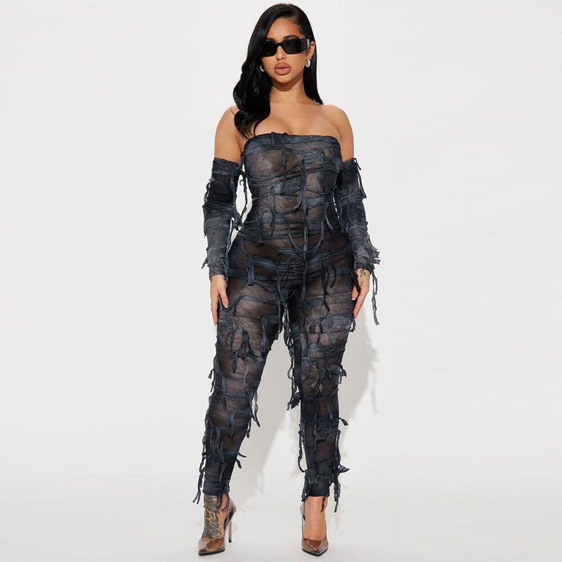 Autumn Tie Dyed Tassel Bandeau Backless Ice Sleeve Jumpsuit for