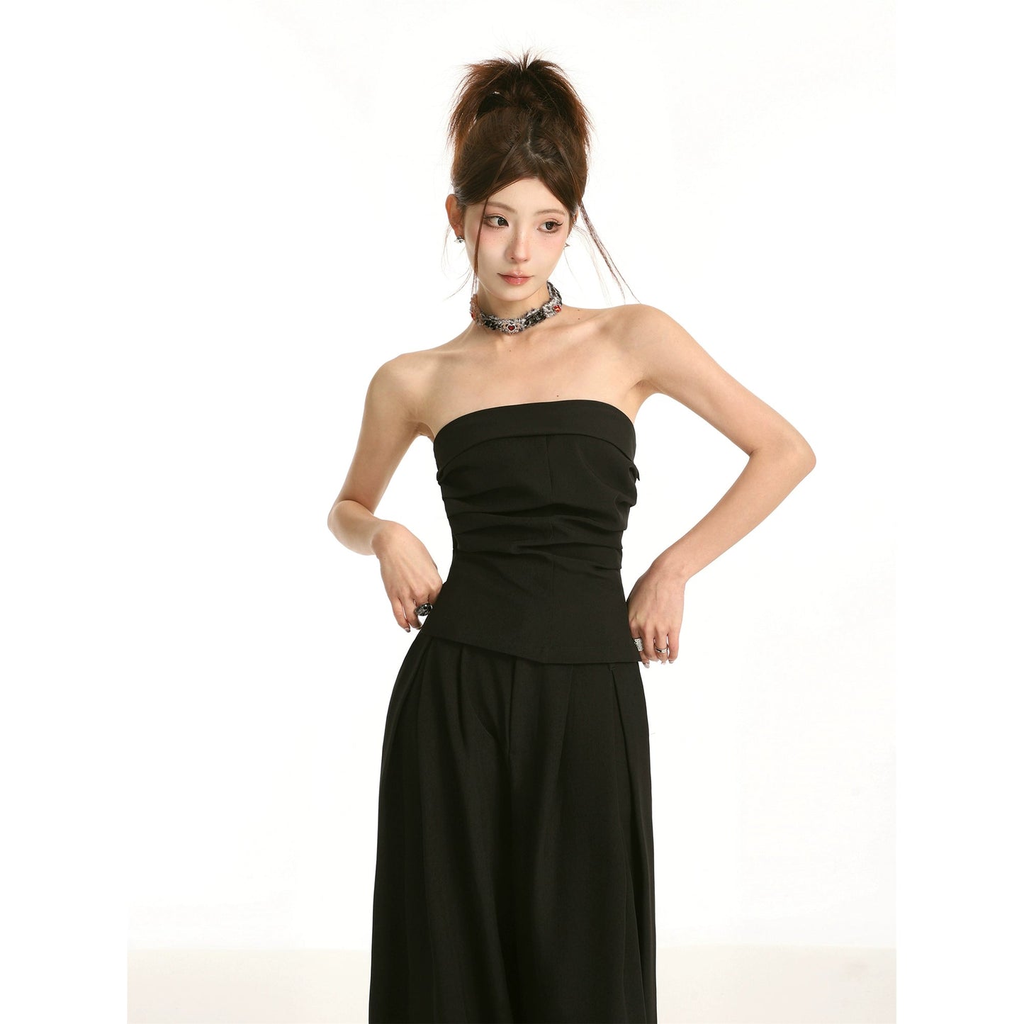 Black High-waisted Straight Cut Wide-leg Pants Set