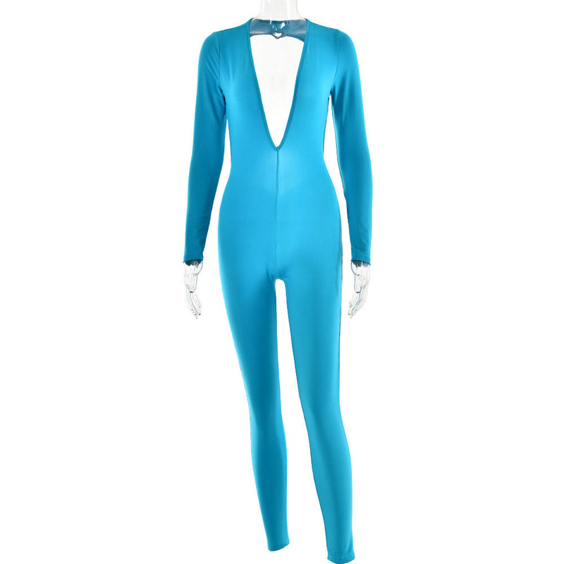 Autumn Deep V Plunge Neck Long Sleeved Leggings Backless Tight Jumpsuit