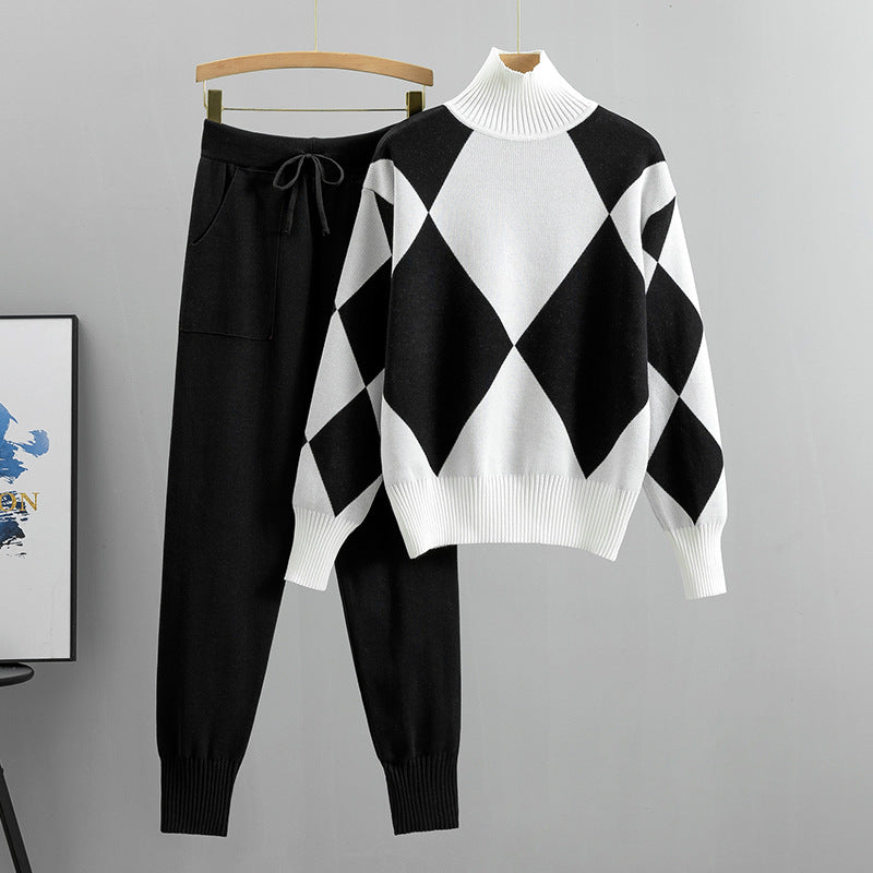 French Lazy Turtleneck Knitting Skinny Pants Suit Western Youthful Looking Two Piece Set