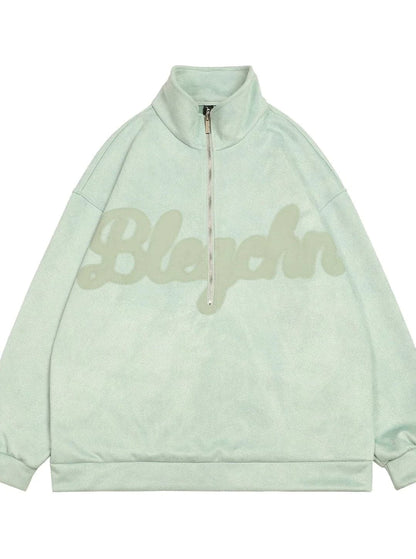 Oversized Suede Sweatshirt With Zipper Polo Collar