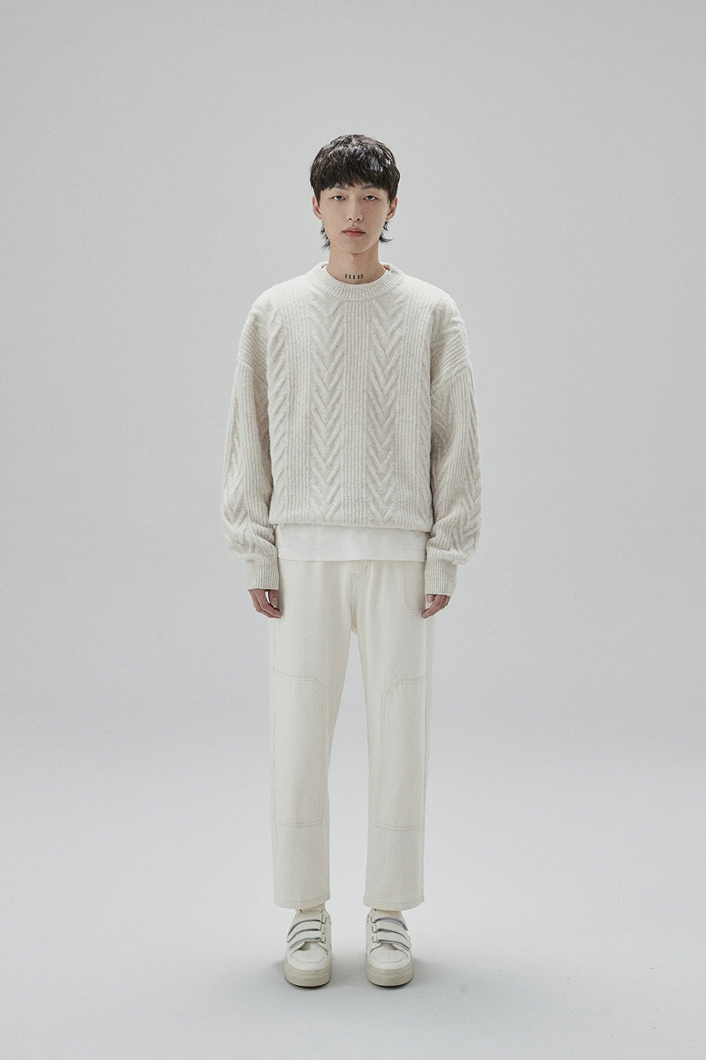 Cream Cable Knit Sweater With Chevron Pattern