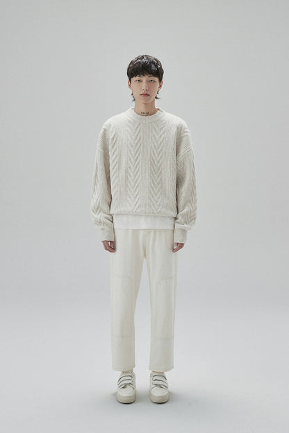Cream Cable Knit Sweater With Chevron Pattern