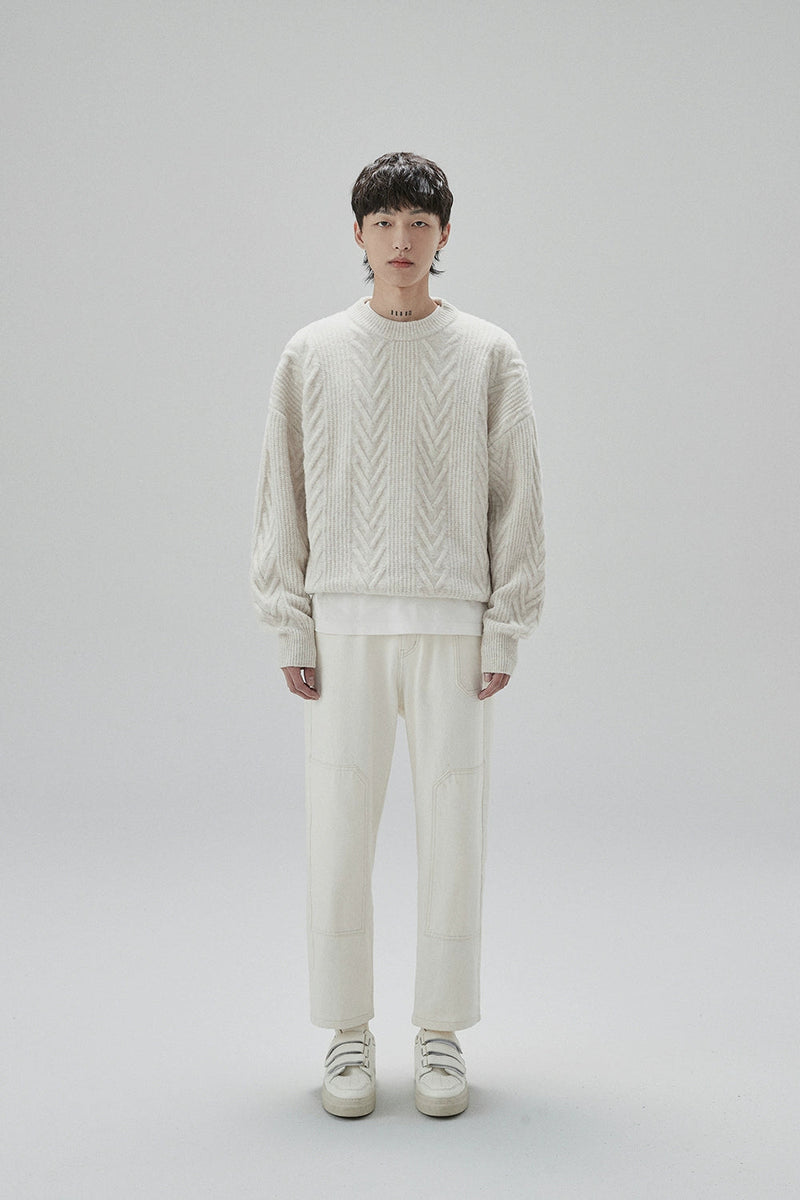 Cream Cable Knit Sweater With Chevron Pattern