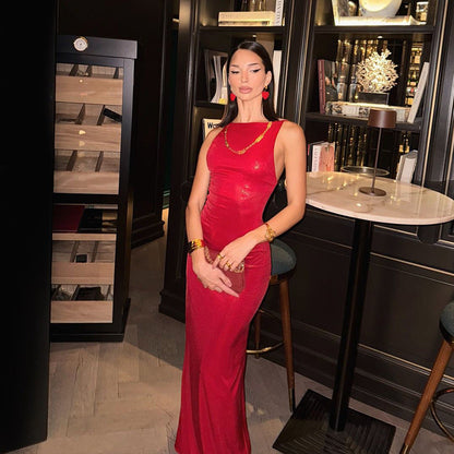 Fashionable Clothing Red Elegance Sleeveless Maxi Dress Slim Fit Backless Evening Dress for