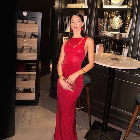 Fashionable Clothing Red Elegance Sleeveless Maxi Dress Slim Fit Backless Evening Dress for