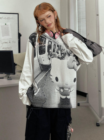 Ezek Artistic Halftone Print White Oversized T-shirt and Gray Pleated Mini Skirt Set - Urban