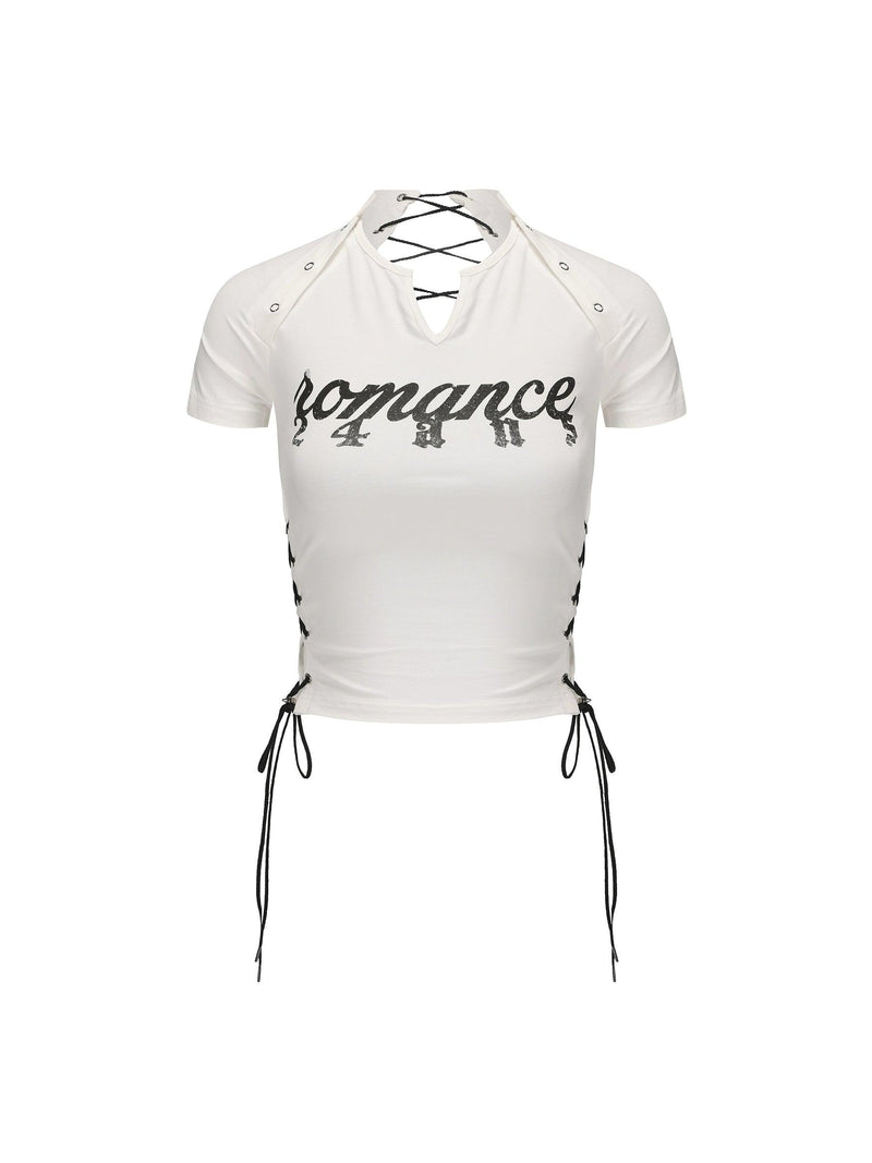 24ans Lace-up Graphic Crop Top - Short Sleeve Side-tie T-shirt