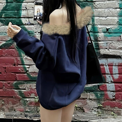 Street Furry Stitching Personality Diagonal Collar Loose Sweatshirt Off Shoulder Long Sleeves