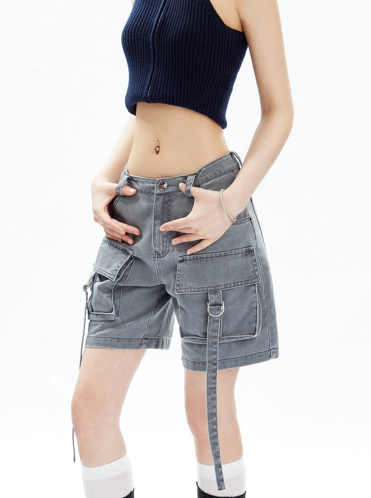 Black Cargo Shorts With Dangling Straps