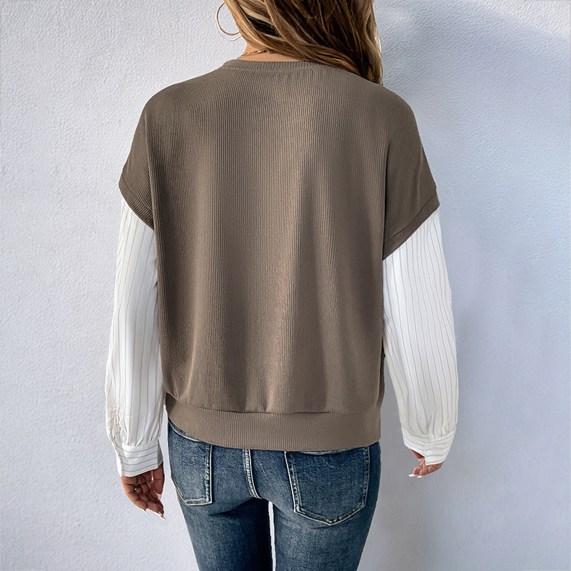 Autumn Long Sleeve Faux Two Piece Color Matching Knitted Round Neck Sweatshirt