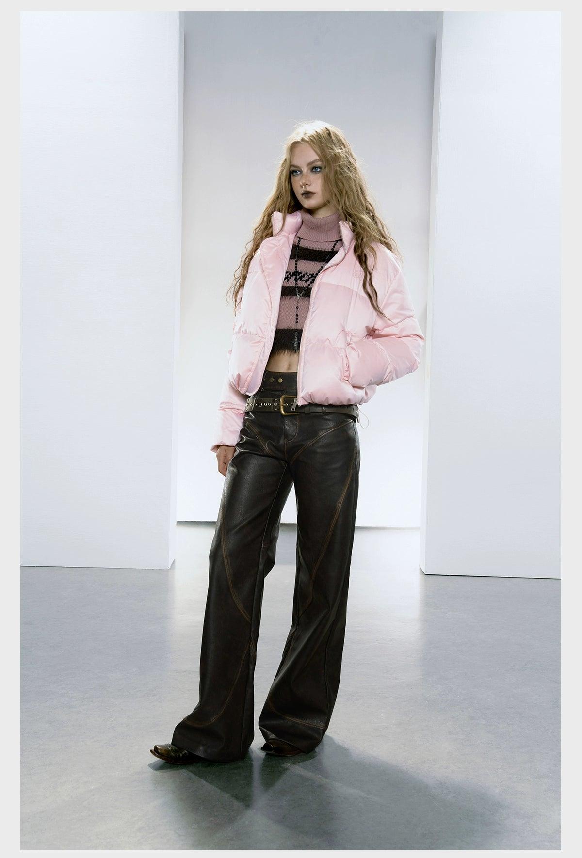 Strike a Pose Cropped Puffer Jacket - Pastel Quilted Down Coat With Zip Front and Ruched Pockets