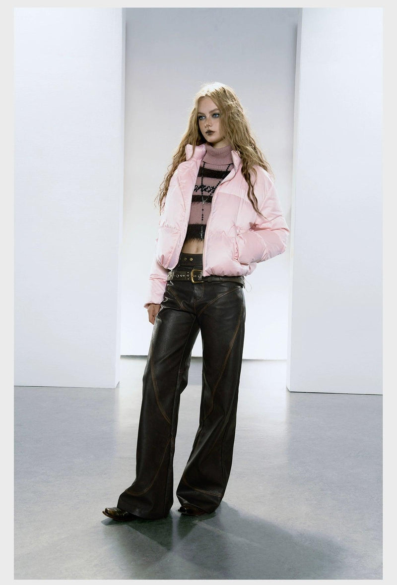 Strike a Pose Cropped Puffer Jacket - Pastel Quilted Down Coat With Zip Front and Ruched Pockets