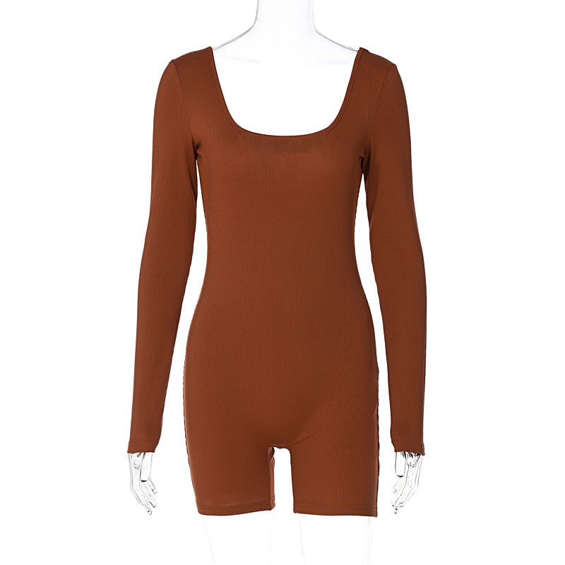 Clothing Winter Color Rib U Neck Long Sleeved Slim Fit Hip Raise Sports Jumpsuit