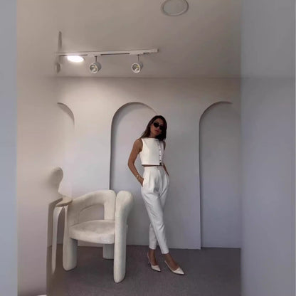 Clothing Spring Summer Sleeveless Vest High Waist Cropped Pants Two Piece Set