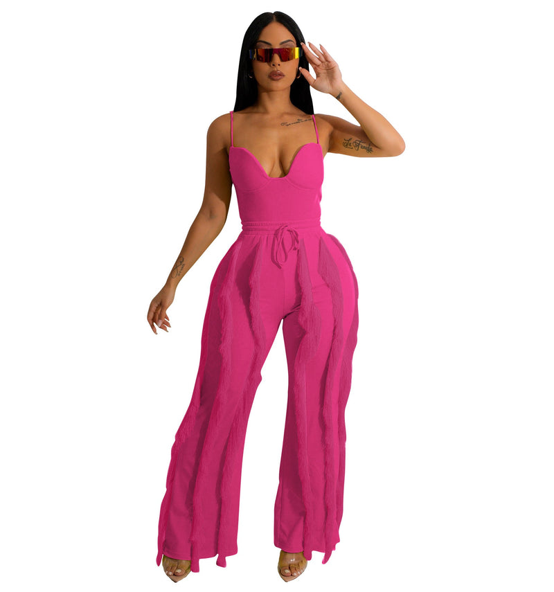 Clothing Suit Tassel Lace Sling Jumpsuit Two Piece Set Straight Leg Pants Summer
