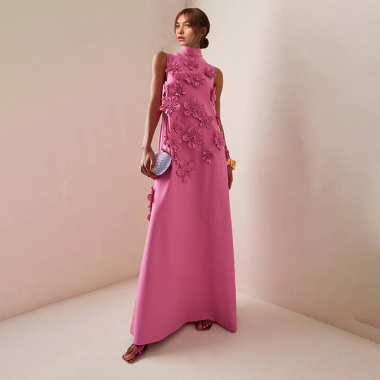 Stand Collar Sleeveless Color Dress Three Dimensional Collage Design Maxi Dress