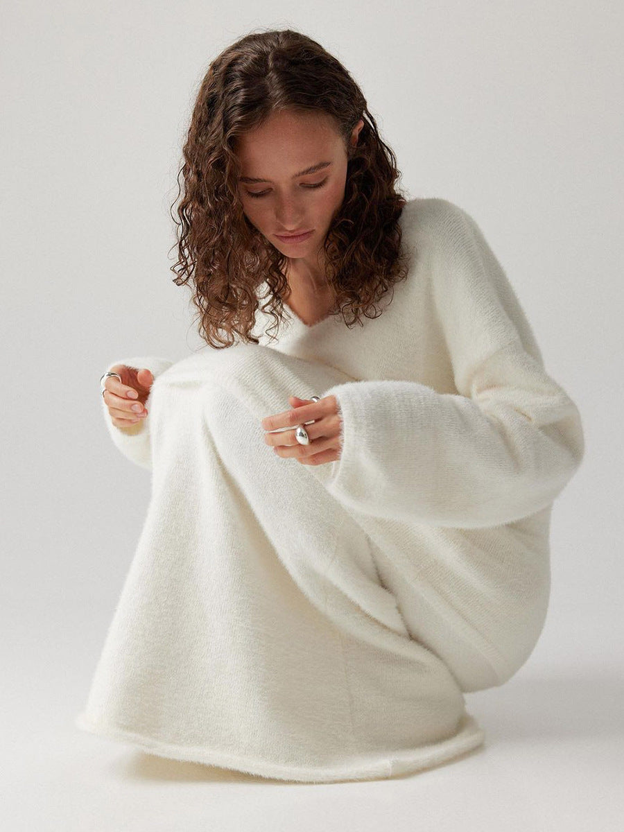 Sweater Suit Autumn Winter Office Simple Knitting V Neck Sweater Skirt Set