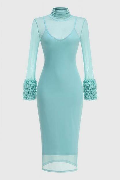 Abrife Blue Sheer Mesh Maxi Dress