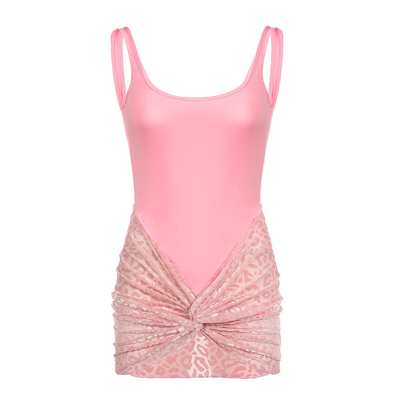 Wear Flocking Twisted Mid Length Skirt Set Simple Backless Sleeveless Jumpsuit Hip Skirt Two Piece Set