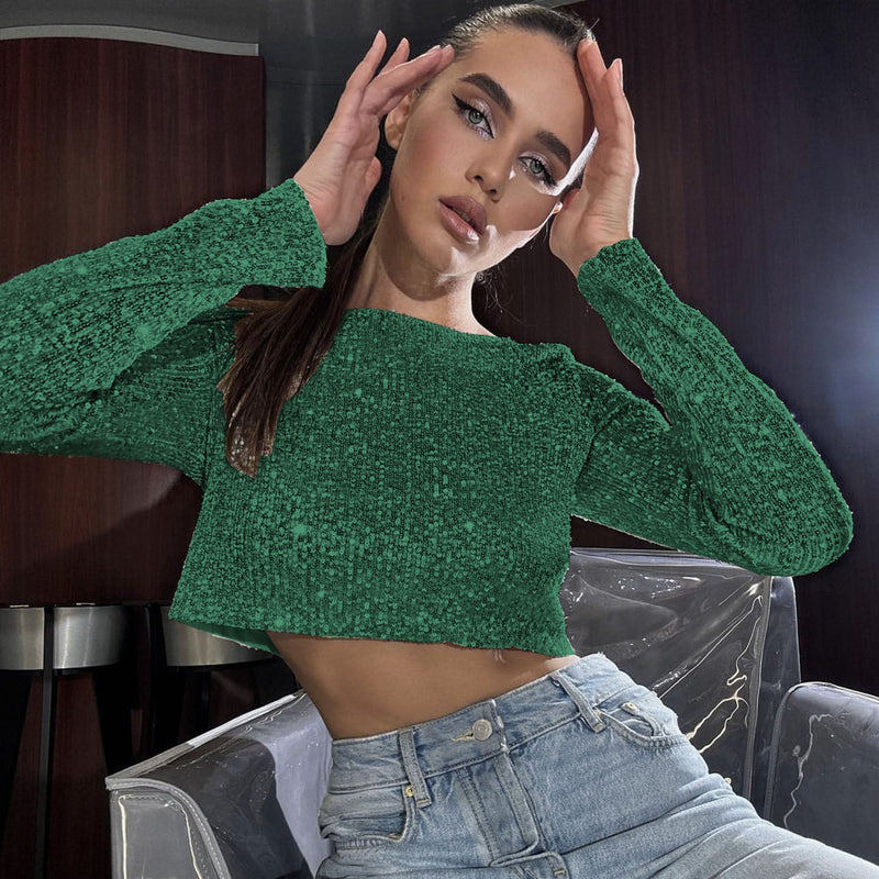 Spring Autumn Popular Long Sleeve Blouse Long Skirt Sequined Set