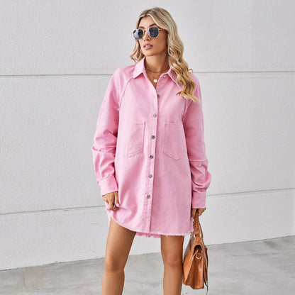 Wash Water Raw Edge Denim Dress Stitching Long Sleeve Cardigan for