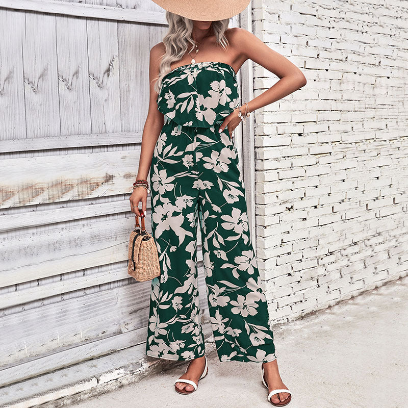 Summer Clothing Printed Tight Red Jumpsuit
