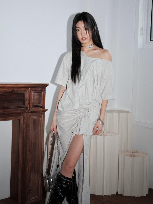 Off-shoulder Asymmetric Draped Maxi Dress