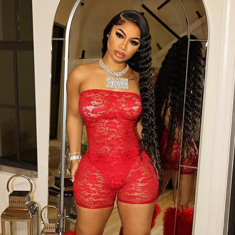 Spring Clothing See Through Lace Jacquard Tube Top Tight Jumpsuit