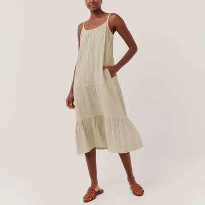Crepe Cotton Suspender Dress Spring Summer Color Sleeveless Midi Dress Holiday Dress