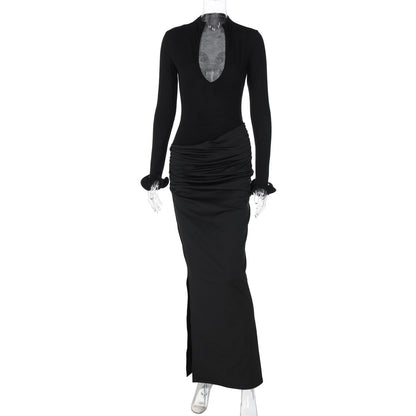 Clothing Deep V Plunge Long Sleeve Color Double Stitching Pleated Maxi Dress