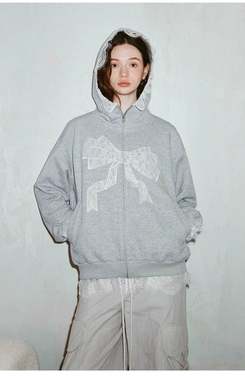 Diddi Moda Bow Print Hoodie - Gray Zip-up Sweatshirt With Lace Trim and Graphic Design