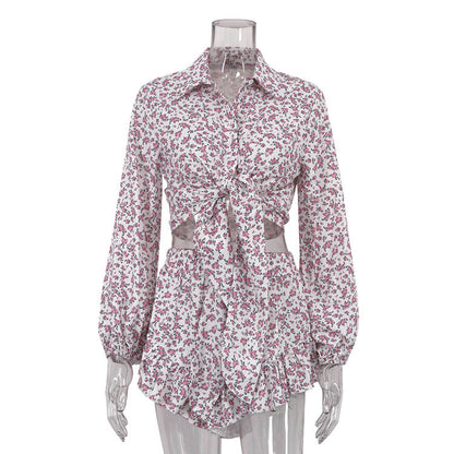 Clothing Long Sleeve Collared Shirt Ruffled Shorts Two Piece Set