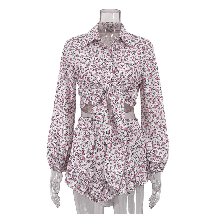 Clothing Long Sleeve Collared Shirt Ruffled Shorts Two Piece Set