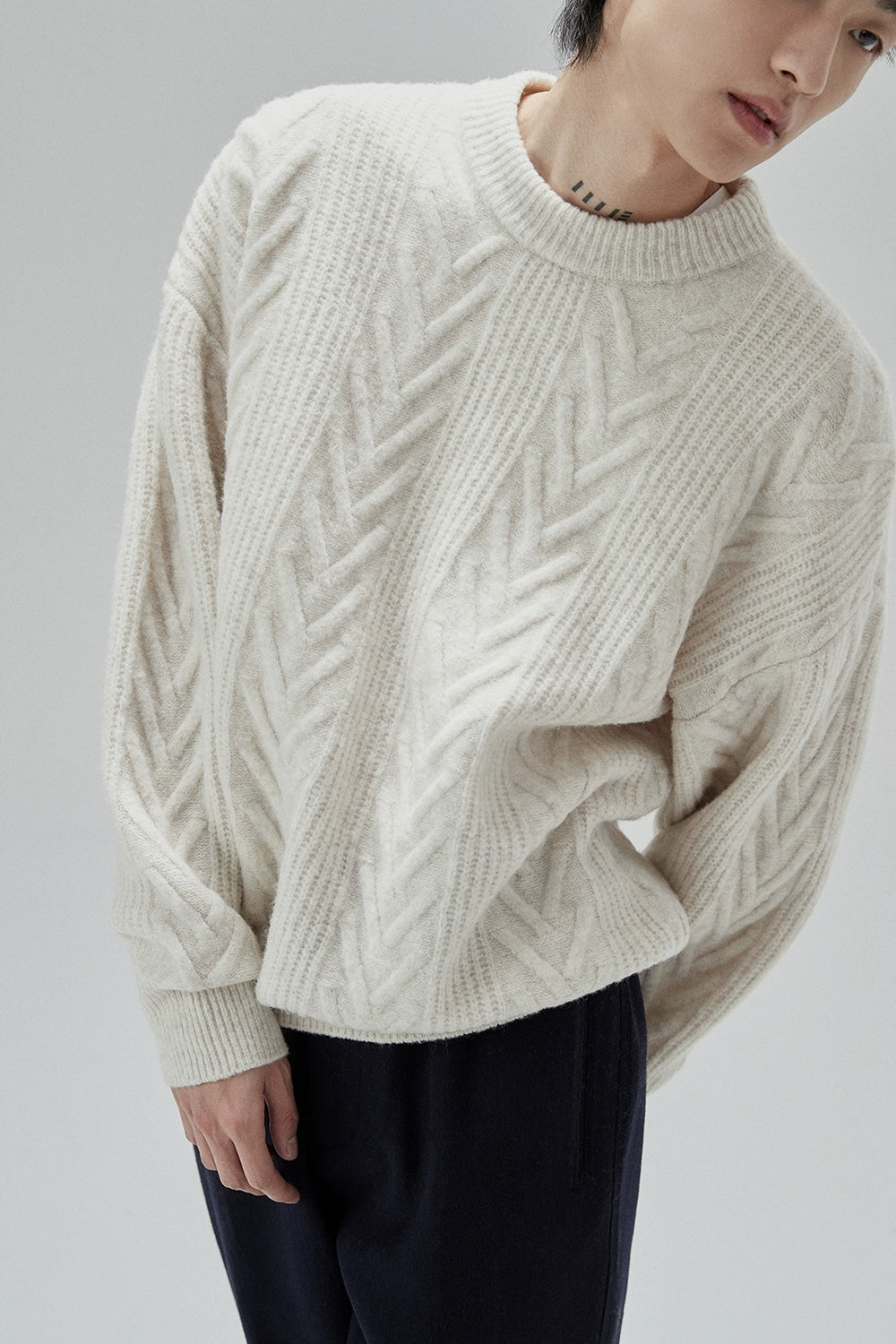 Cream Cable Knit Sweater With Chevron Pattern