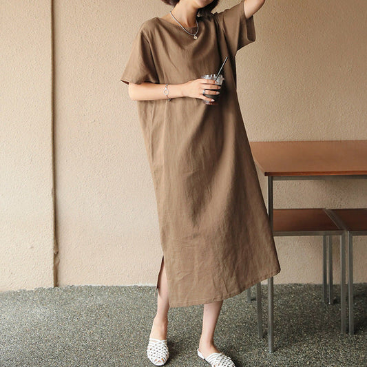 Spring Summer Dress Cotton Linen Niche Clothing Cotton Short Sleeve Simple Loose Maxi Dress