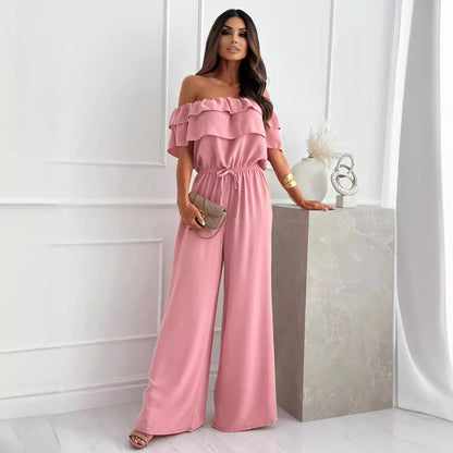 Clothing Summer Color Office Ruffled Off Shoulder Short Sleeved Jumpsuit