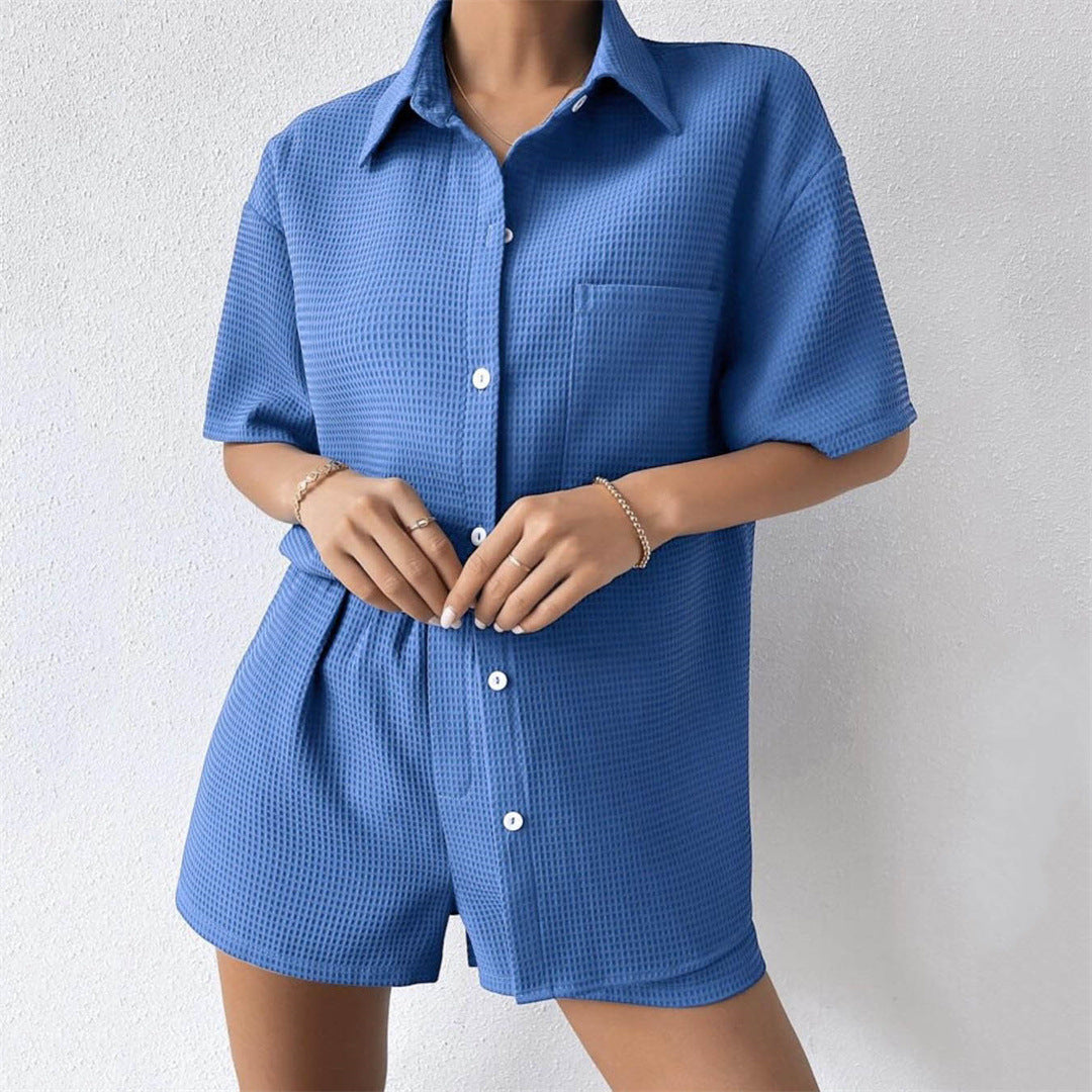 Summer Suit Loose Short Sleeved Shirt Elastic Waist Shorts Two Piece Set