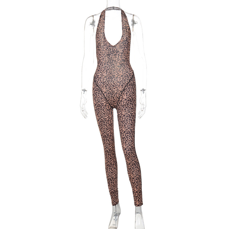 Summer Leopard Print Printed V-neck Backless Slim Fit Halter Jumpsuit