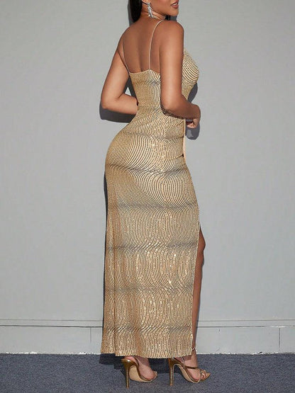 Golden Sequins Backless Split Maxi Dress