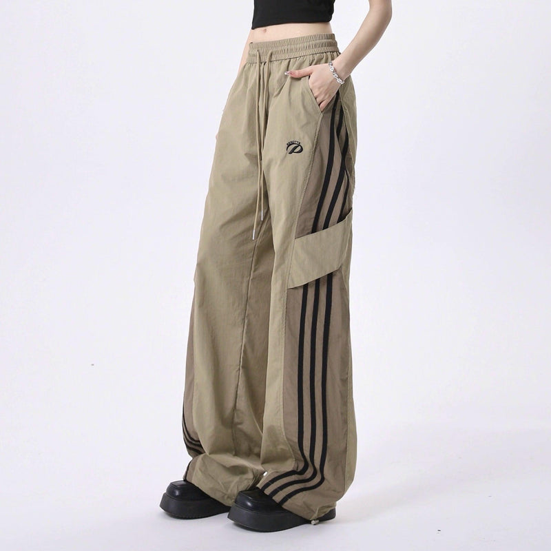 Rayohopp Color-block Wide-leg Track Pants - Drawstring Waist Athletic Trousers With Striped Panels